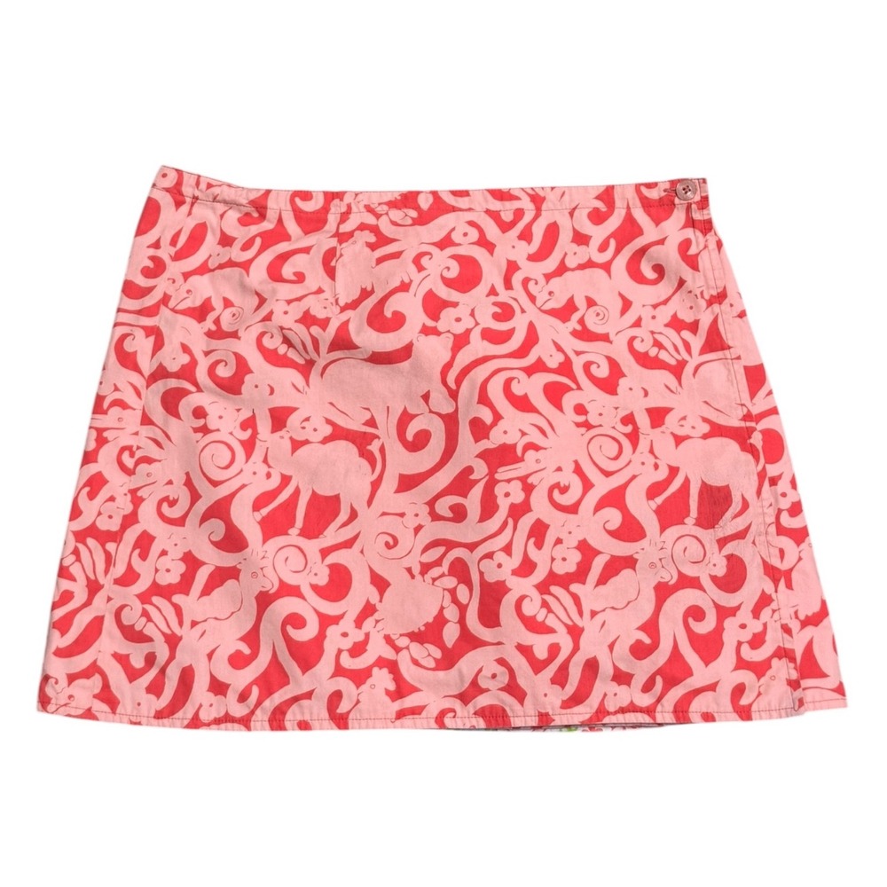 Lilly Pulitzer Vintage Reversible Wrap‎ Skirt Pink Green Animal Novelty 4 (L)